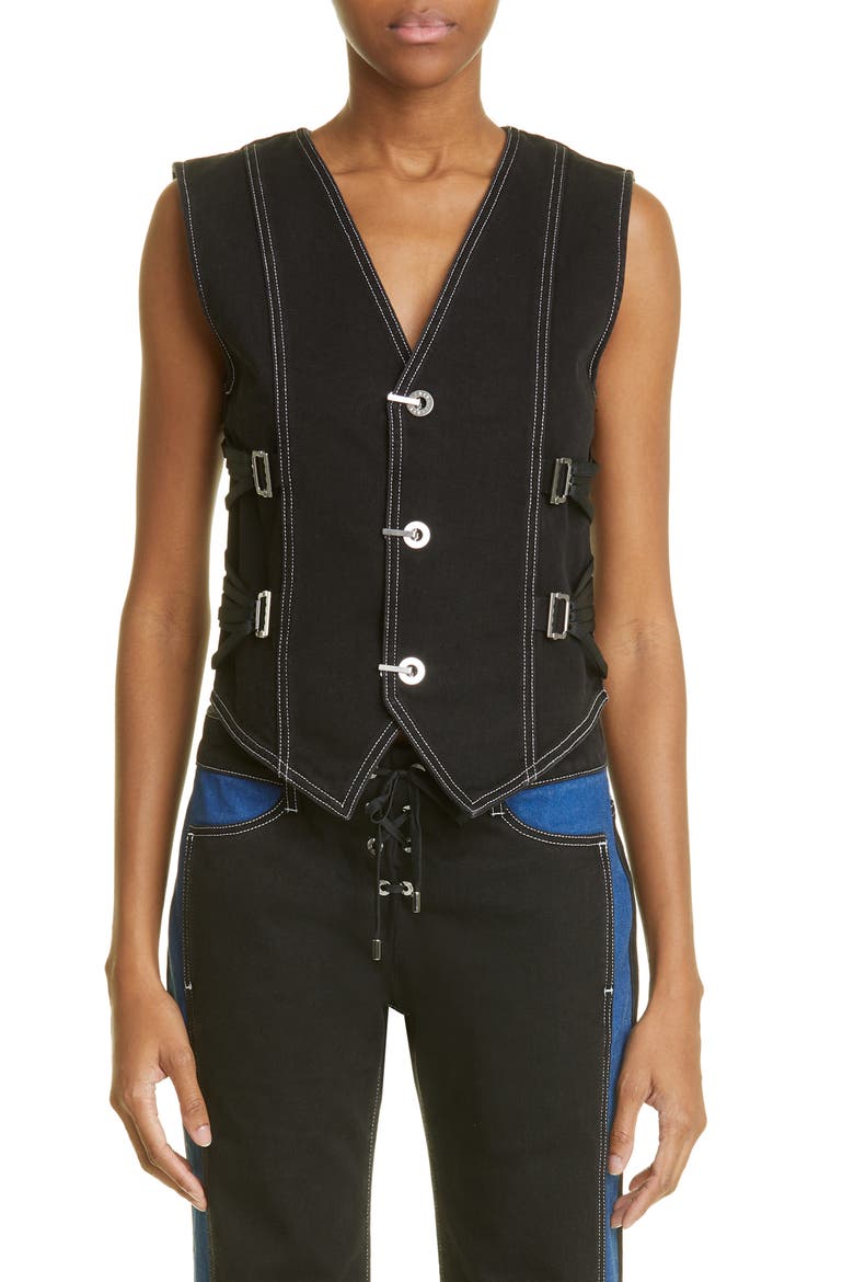 Fan Laced Organic Cotton Denim Vest, Main, color, BLACK