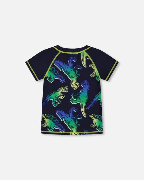 DEUX PAR DEUX DEUX PAR DEUX LITTLE BOY'S SHORT SLEEVE RASHGUARD BLUE AND GREEN DINO ON NAVY