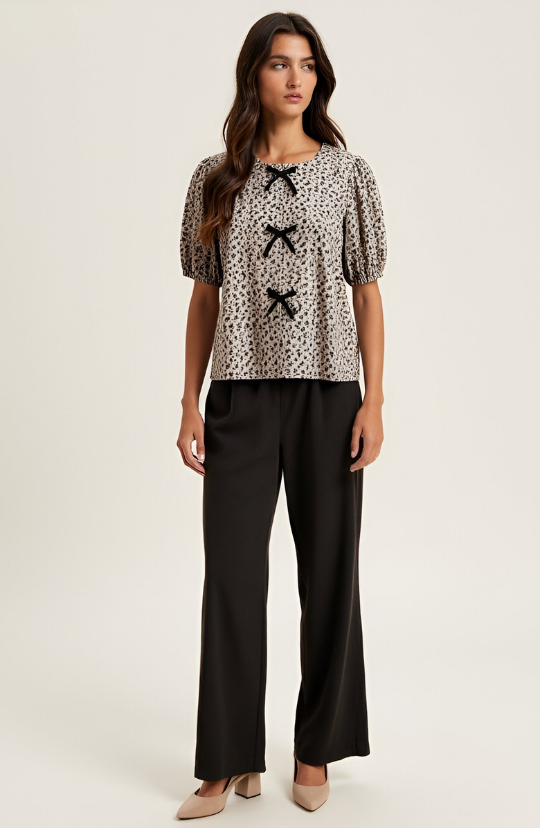 Modenaire Floral Puff-Sleeve Crewneck Velvet Bow-Accented Blouse, Main, color,