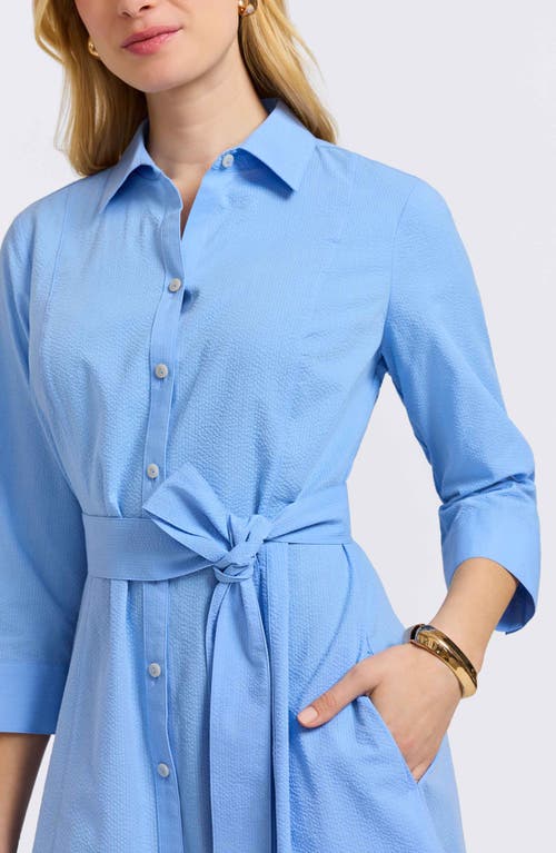 Foxcroft Fiona Belted Seersucker Shirtdress In Lake Blue