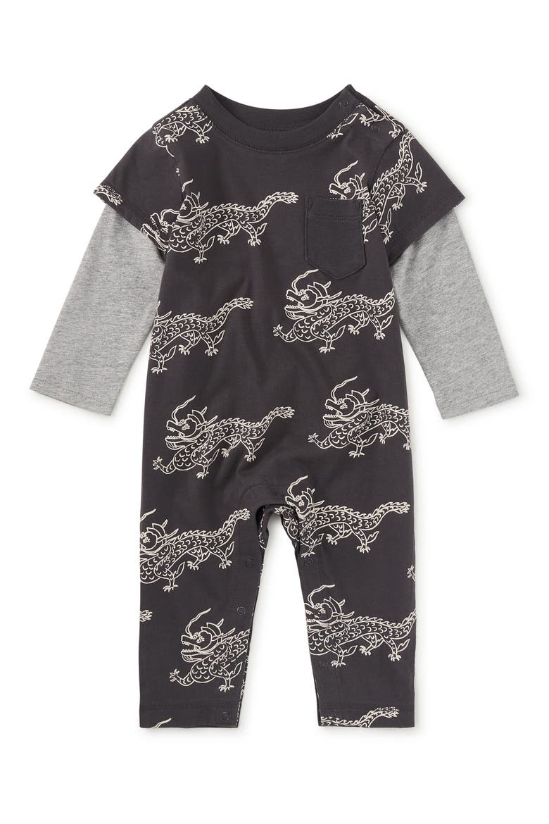 Layered Button-Up Baby Romper, Main, color, Korean Pottery Dragon