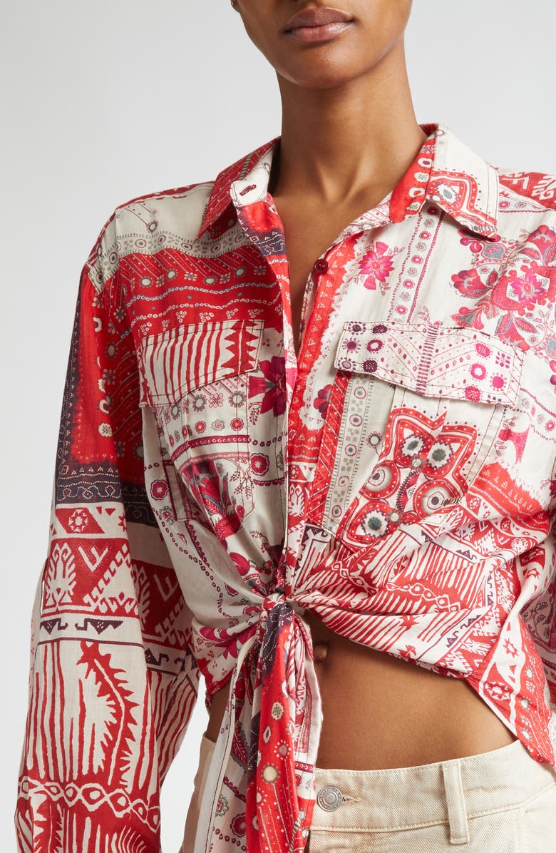 Isabel Marant Étoile Nathy Bandana Print Cotton Tie Front Button-Up Shirt, Alternate, color, Red/ Ecru