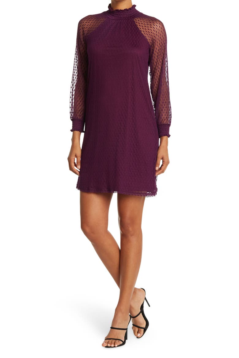 Shirred Mock Neck Long Sleeve Dress, Main, color, BLACK PLUM