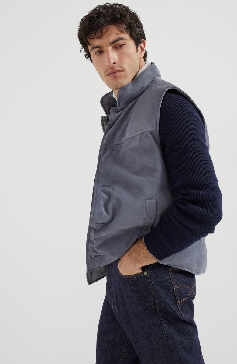 Brunello Cucinelli Suede down vest, Alternate, color, Denim