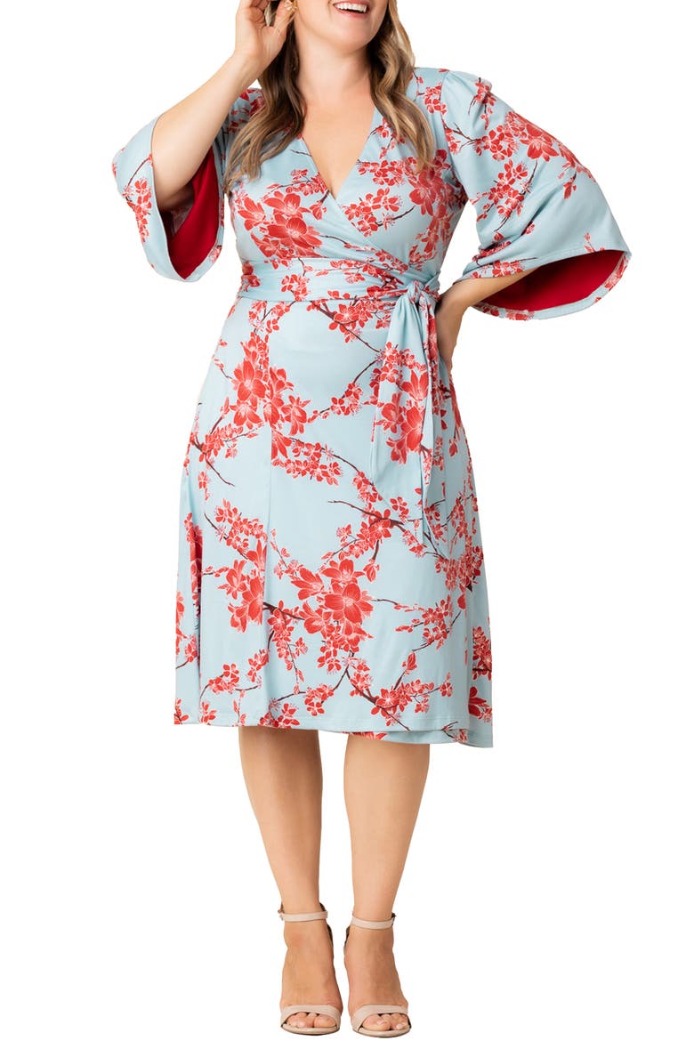 Gemini Floral Bell Sleeve Wrap Dress, Main, color, CHERRY BLOSSOM PRINT