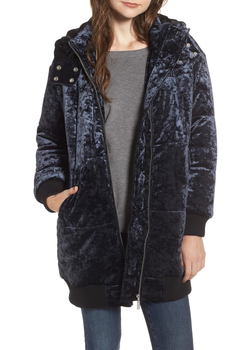 Velvet Hooded Puffer Jacket, Main, color, NAVY MEDIEVAL
