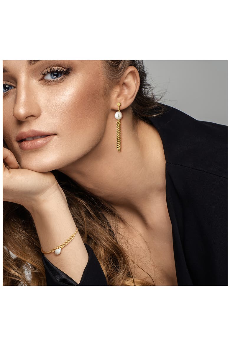 Cultured Freshwater Pearl Chain Bracelet & Front/Back Earrings Set, Alternate, color, GOLD