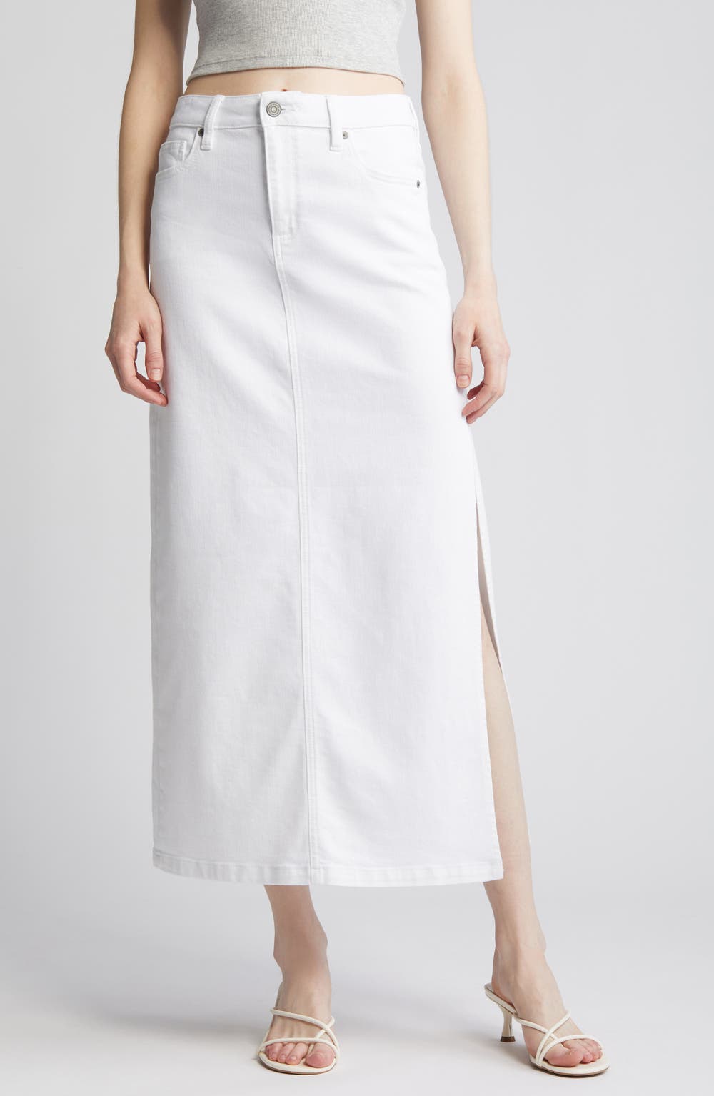 Side Slit Midi Denim Skirt, color, WHITE