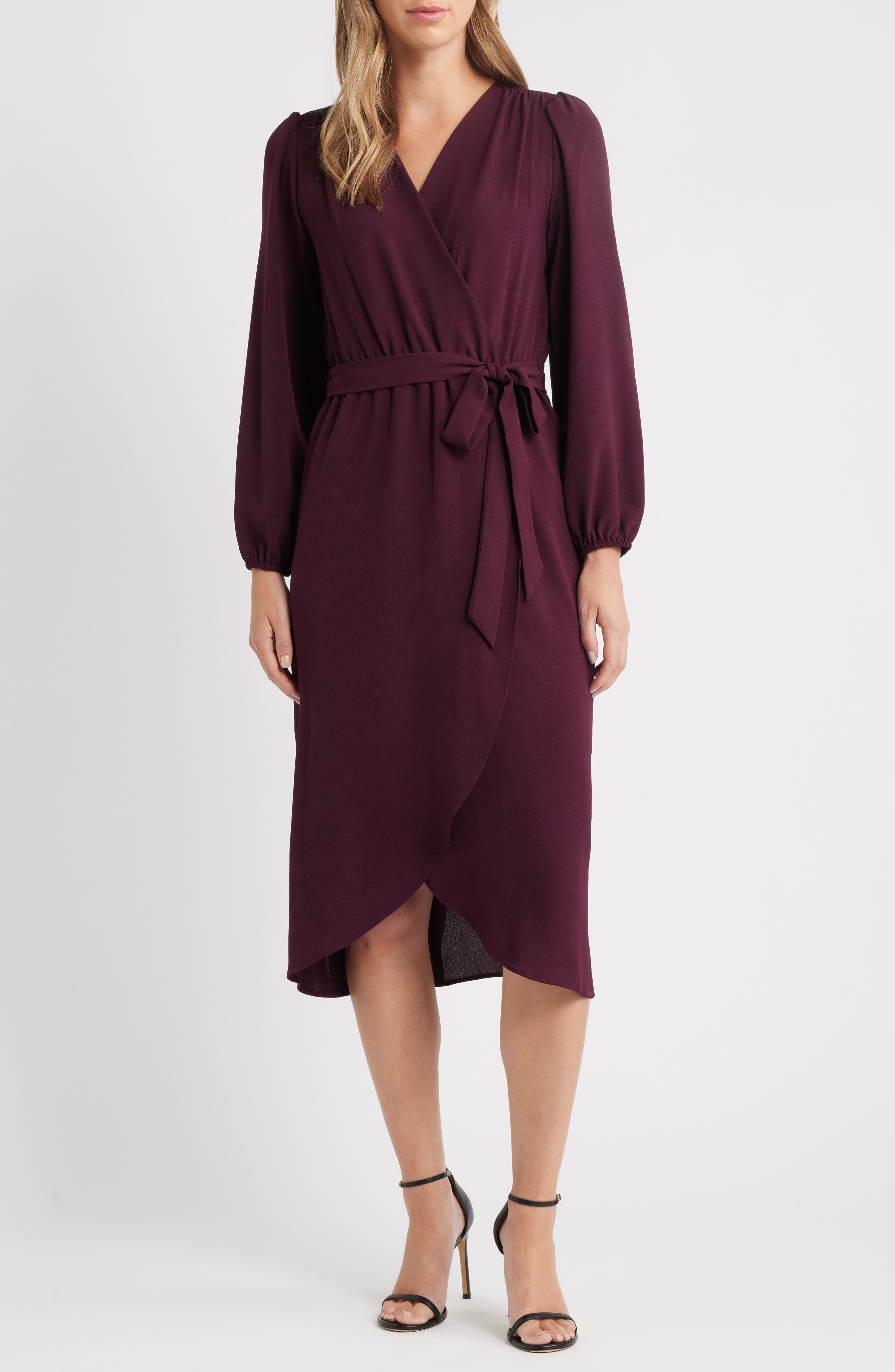 Connected Apparel Long Sleeve Faux Wrap Midi Dress in Bordeaux 