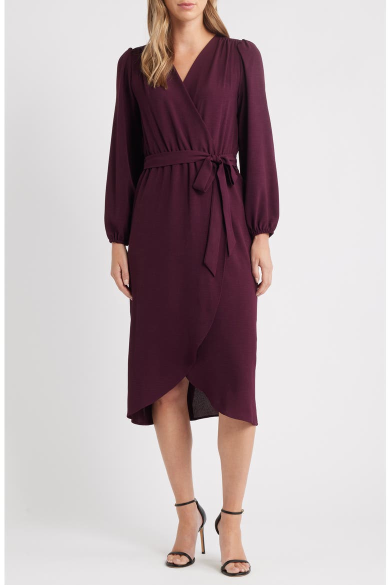 connected apparel long social dress Long Sleeve Faux Wrap Midi Dress (Women)