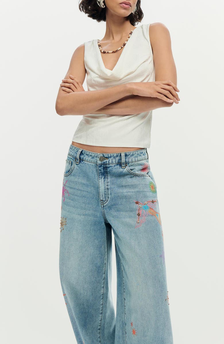 Desigual Beaded Wide Leg Jeans, Alternate, color, Light Blue