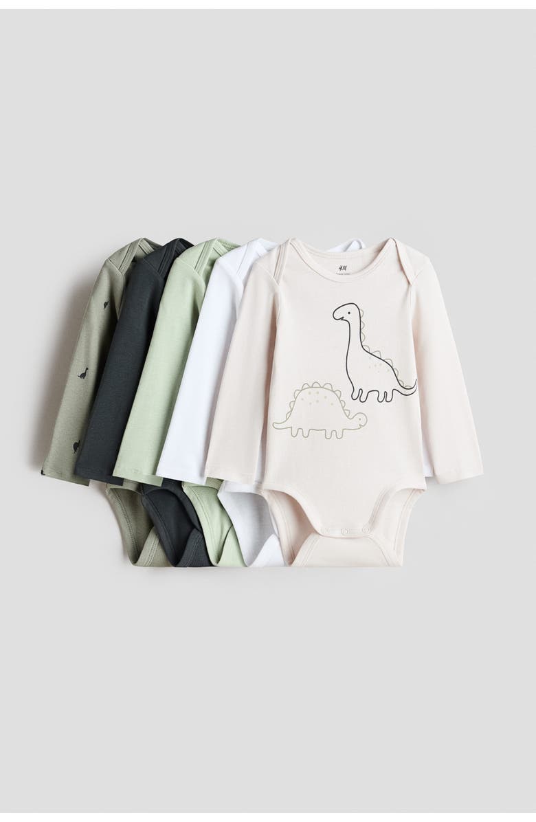 H&M 5-pack Long-sleeved Bodysuits, Main, color, Green/Dinosaurs