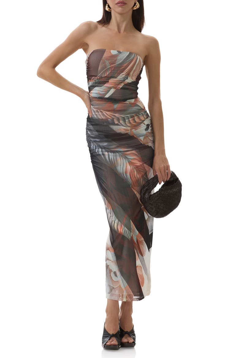 Marlo Ruched Strapless Mesh Body-Con Dress, Main, color, NOIR LEAF LOTUS