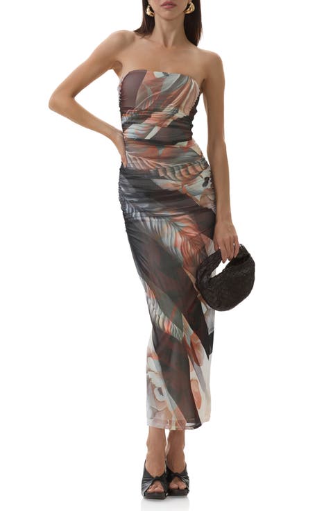 Marlo Ruched Strapless Mesh Body-Con Dress