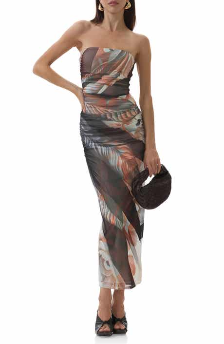 AFRM Marlo Ruched Strapless Mesh Body-Con Dress