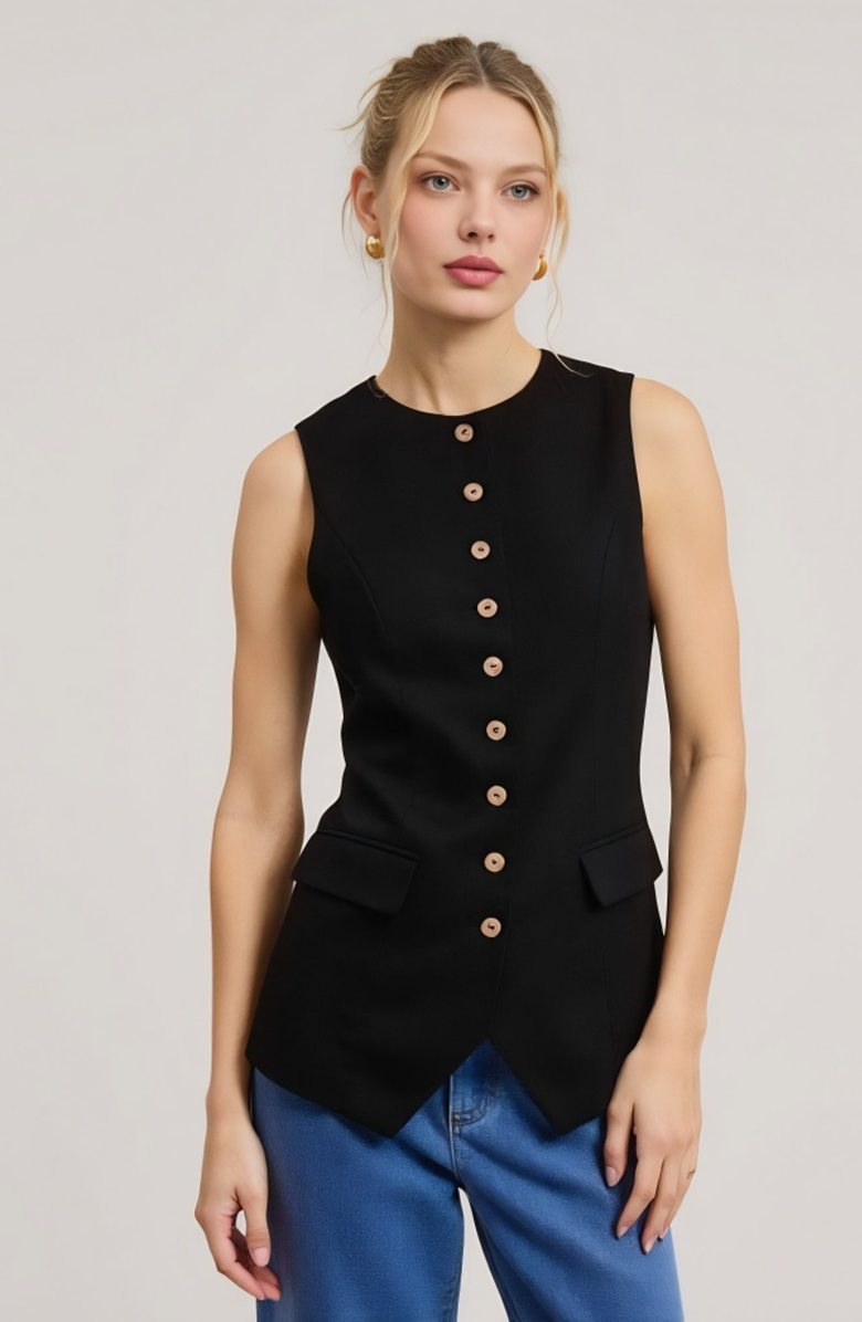 Modenaire Longline Sleeveless Button Flap Pocket Tailored Hem Vest, Alternate, color, Black