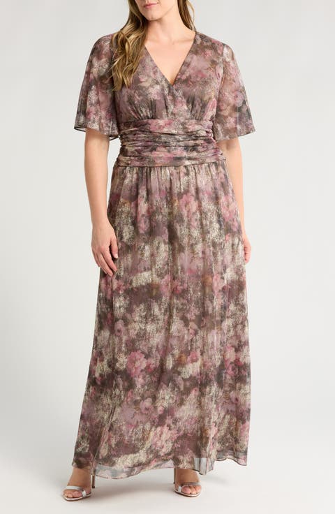 Floral Metallic Faux Wrap Maxi Dress (Plus)