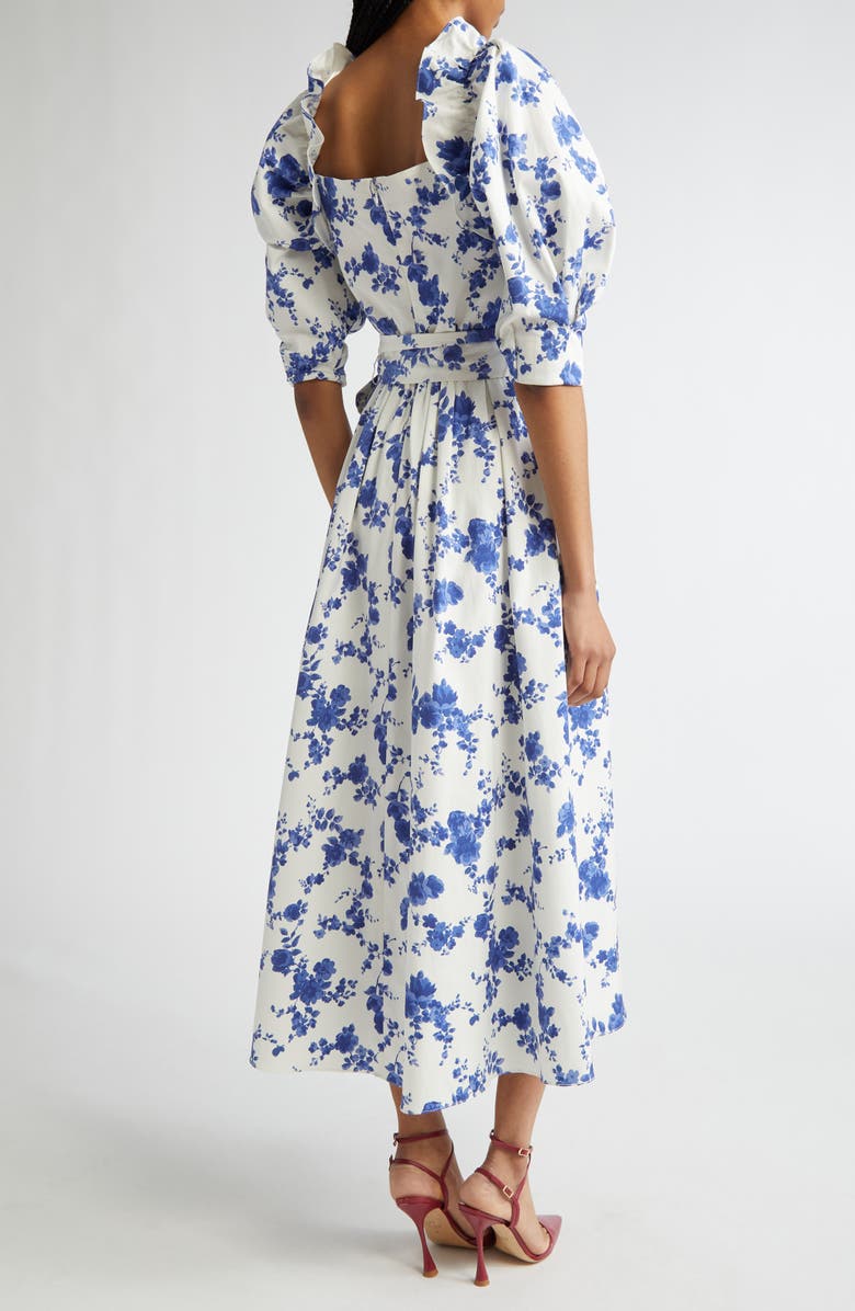 Carolina Herrera Floral Print Puff Sleeve Faux Wrap Dress, Alternate, color, White Multi