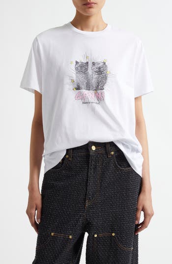 ● GANNI ● Kittens T-shirt T4060 151 Basic Jersey Kittens Relaxed T-Shirt