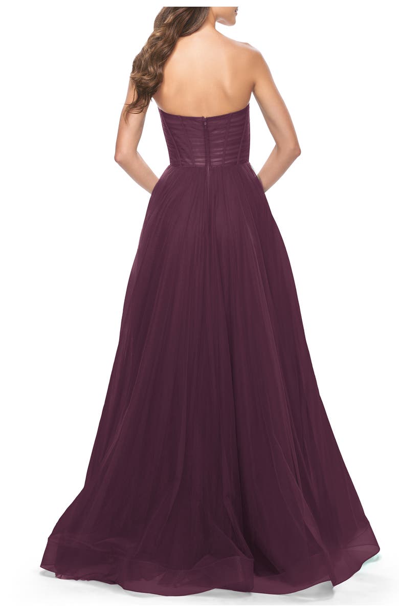 La Femme Strapless Sweetheart A-Line Corset Prom Dress, Alternate, color, Dark Berry