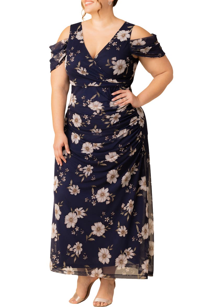 Seraphina Cold Shoulder Mesh Gown, Alternate, color, NAVY BLOOMS