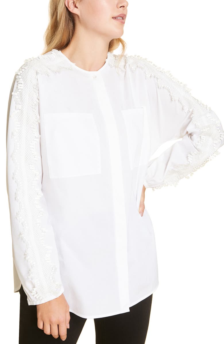 Marina Rinaldi Bagliore Lace Detail Cotton Long Sleeve Blouse, Main, color, 