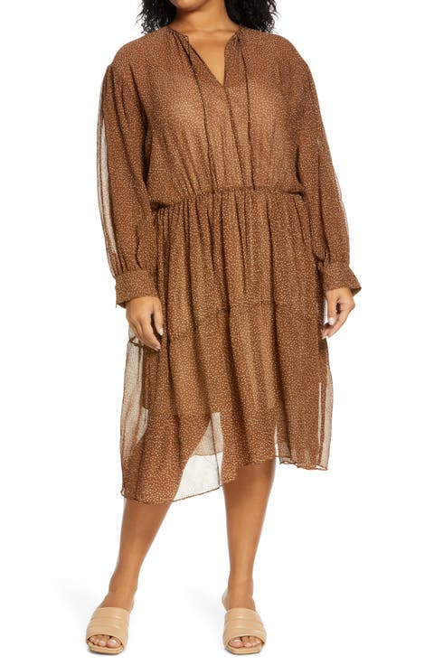 Starry Dot Shirred Long Sleeve Dress (Plus)