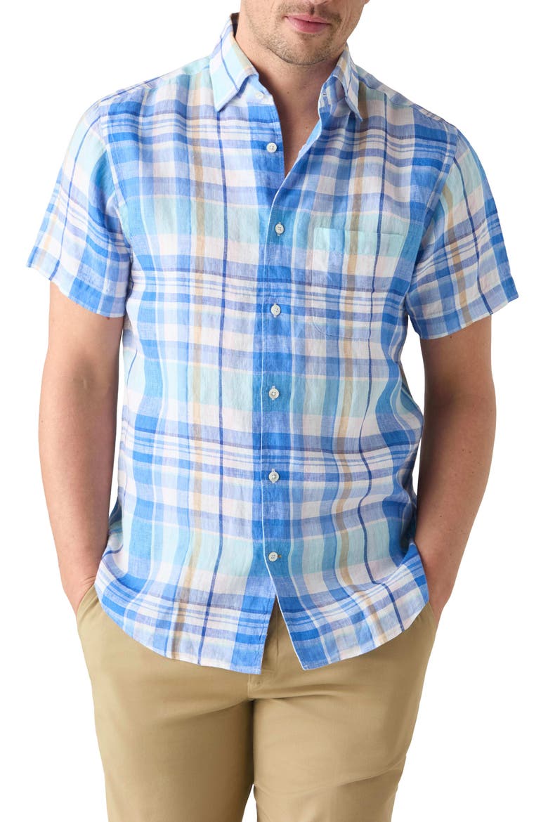 Morgan Plaid Linen Short Sleeve Shirt, Main, color, Aqua Multi
