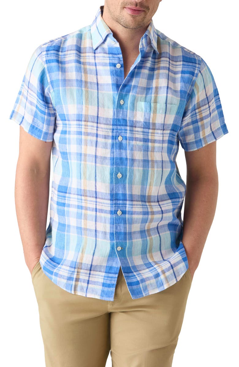 Robert Talbott Morgan Plaid Linen Short Sleeve Shirt, Main, color, Aqua Multi