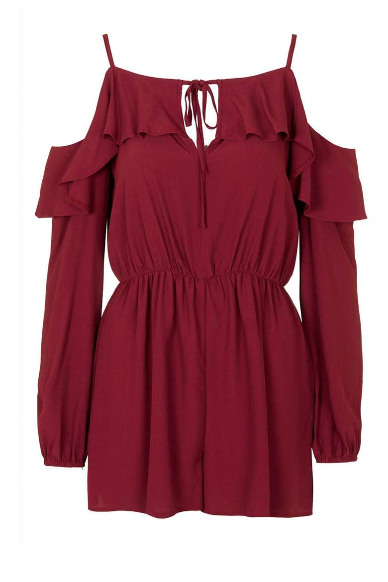 Ruffled Cold Shoulder Romper, Alternate, color, RED