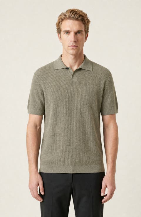 Textured Knit Short Sleeve Polo Shirt with Button Detail