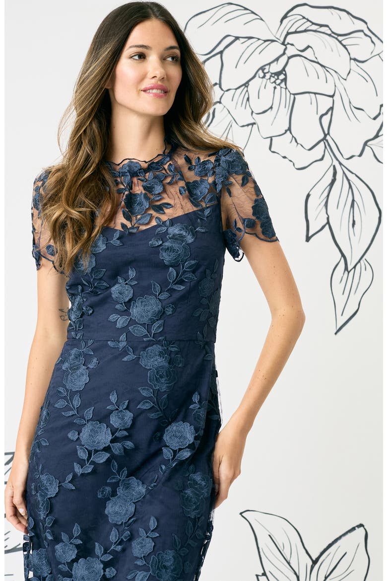 Embroidered Floral Overlay Cocktail Dress, Alternate, color, TWILIGHT NAVY