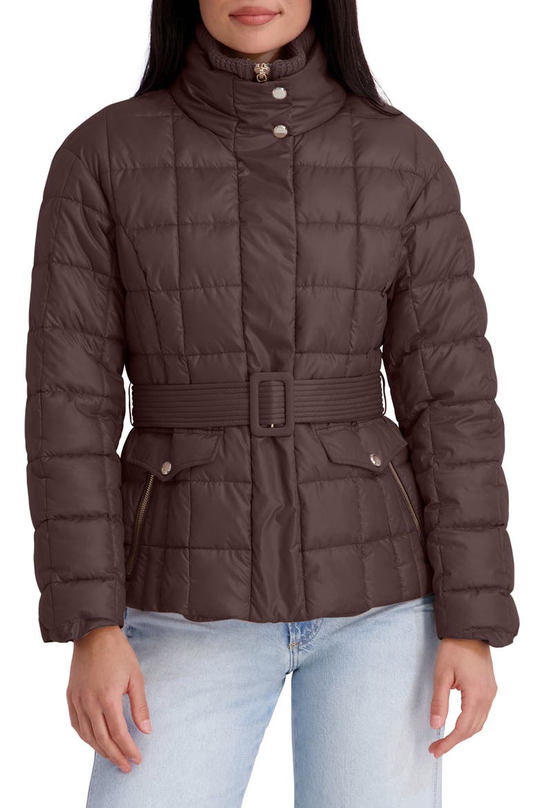 Belted Quilted Cire Puffer Coat, Main, color, CHOCOLATE