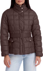 Kensie Belted Quilted Cire Puffer Coat
