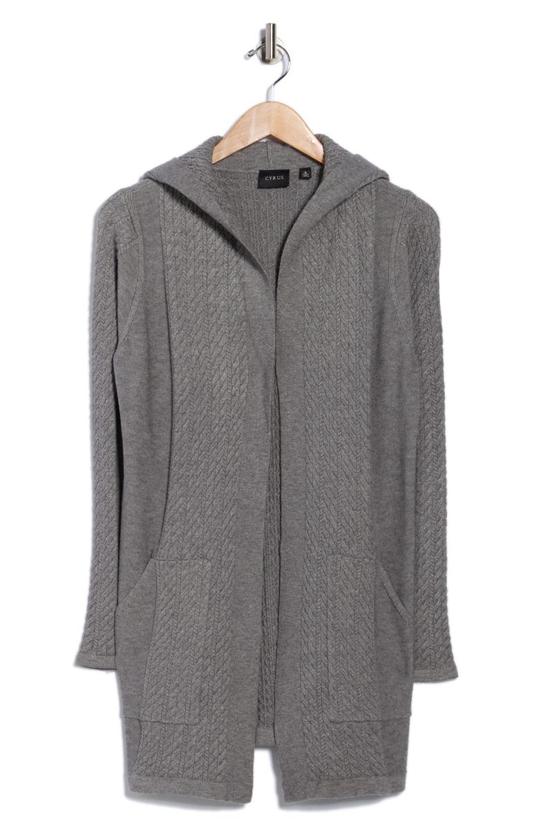 CYRUS Cable Knit Hooded Cardigan, Alternate, color, Med Heather Grey