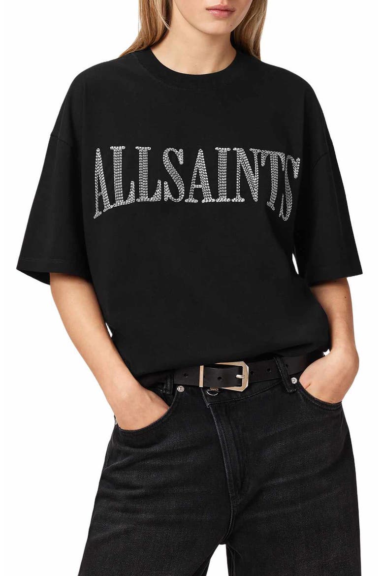 Etta Oversized Dash Embroidered Cotton T-Shirt, Main, color, WASHED BLACK
