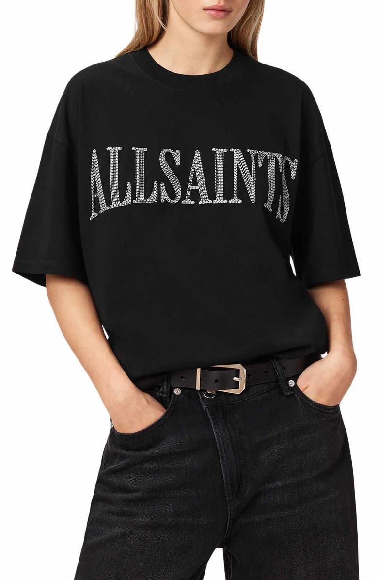 AllSaints Etta Oversized Dash Embroidered Cotton T-Shirt, Main, color, Washed Black