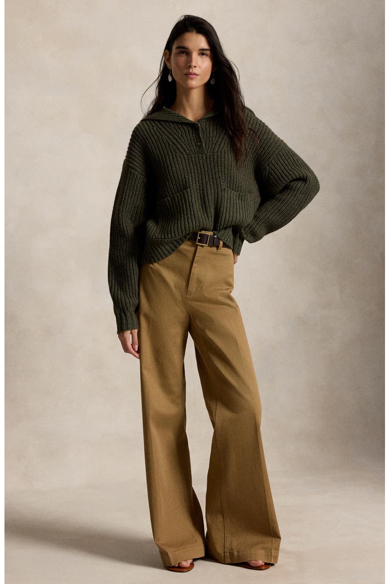 Chunky Half Placket Wool & Cotton Blend Sweater, Alternate, color, OLIVE HEATHER