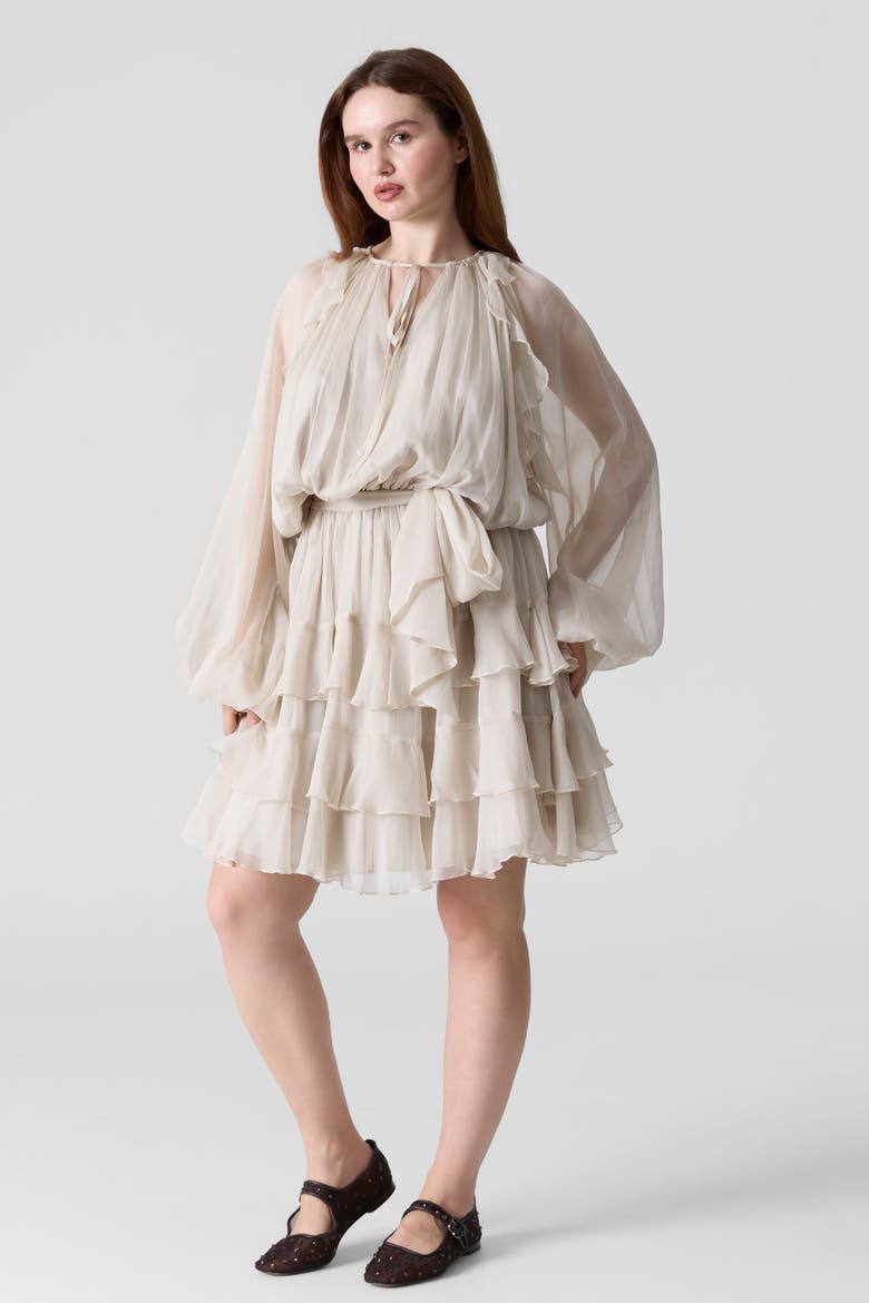 Silk Chiffon Tie Belt Short Dress, Alternate, color, Light Beige