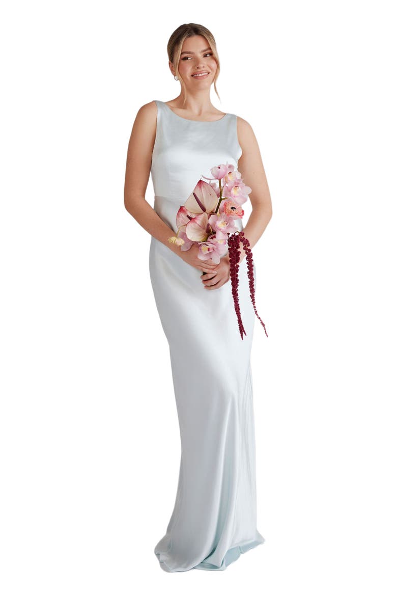 Cowl Back Satin Bridesmaid Dress, Main, color, Ice Blue