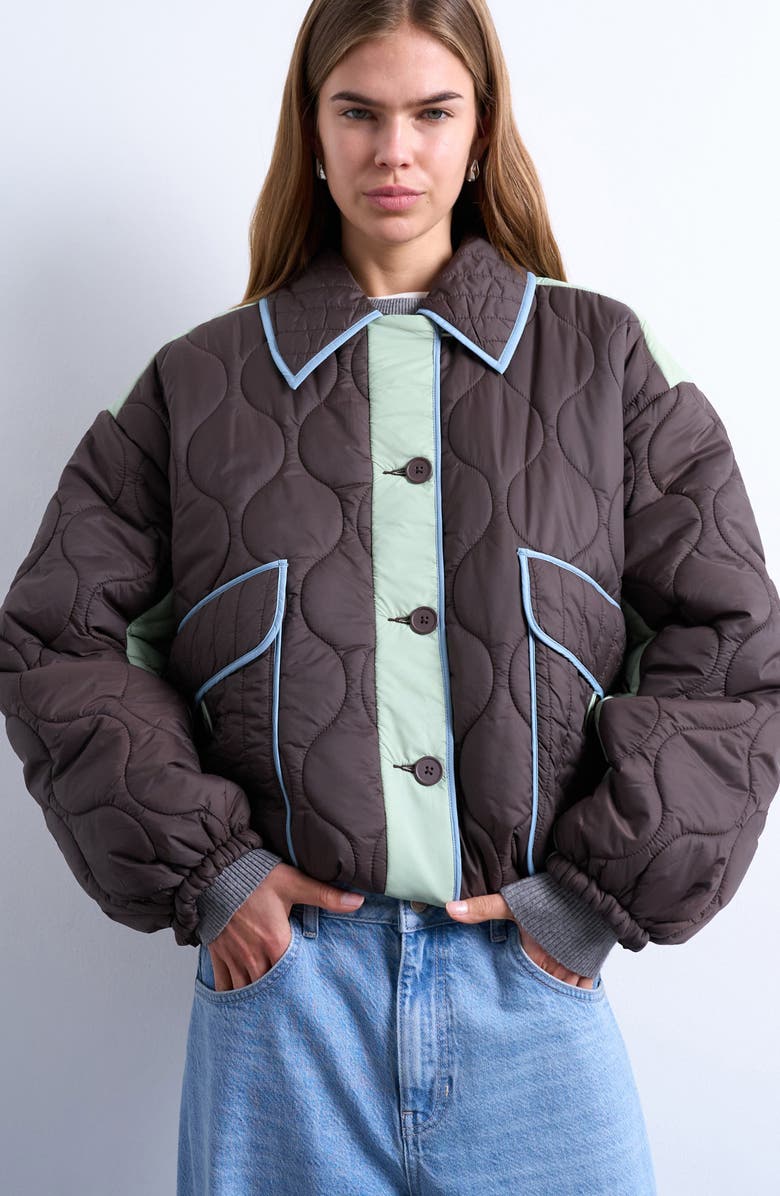 Topshop Patchwork Quilted Jacket, Main, color, Brown/ Light Blue