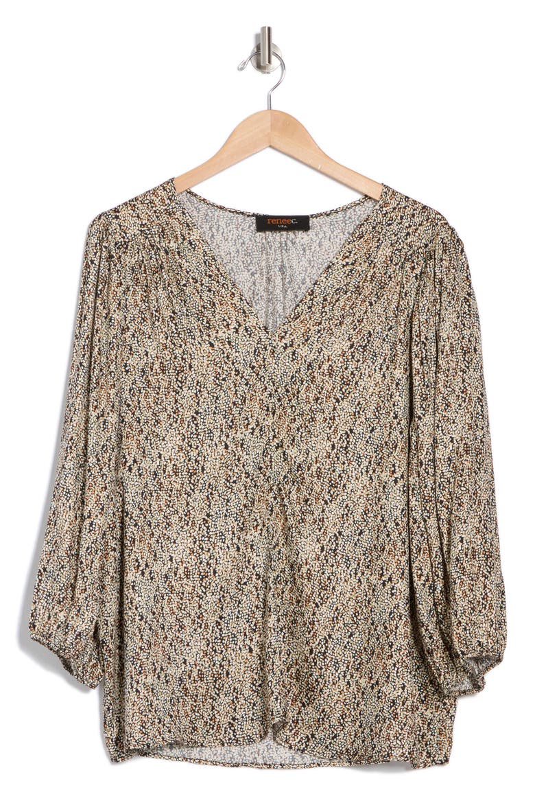 Dot Print Balloon Sleeve Top, Alternate, color, BLACK/ BEIGE MULTI