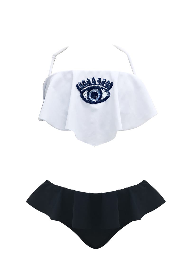 Evil Eye Bandeau Ruffle Two Piece Bikini,Toddler-Little Kid & Big Kid, Main, color, White-Black