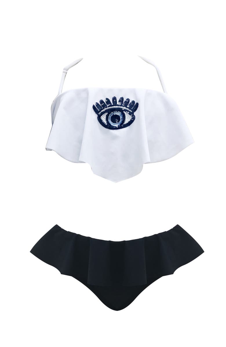 NESSI BYRD Evil Eye Bandeau Ruffle Two Piece Bikini,Toddler-Little Kid & Big Kid, Main, color, White-Black