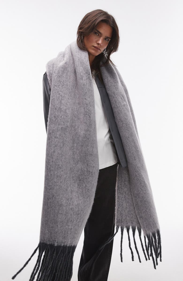 Topshop Sydney Fringe Trim Blanket Scarf, Alternate, color, Charcoal