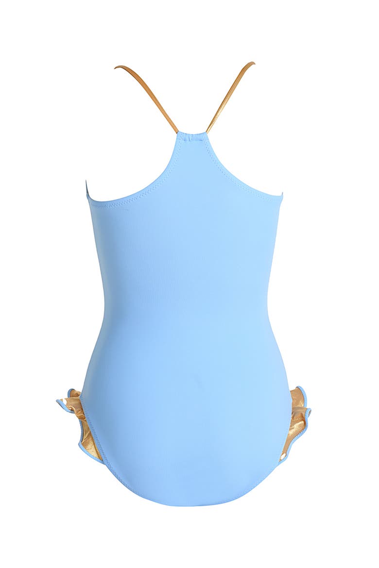 Keyhole Neckline with Bronze Tie and Ruffles One-Piece Swimsuit, Alternate, color, Blue