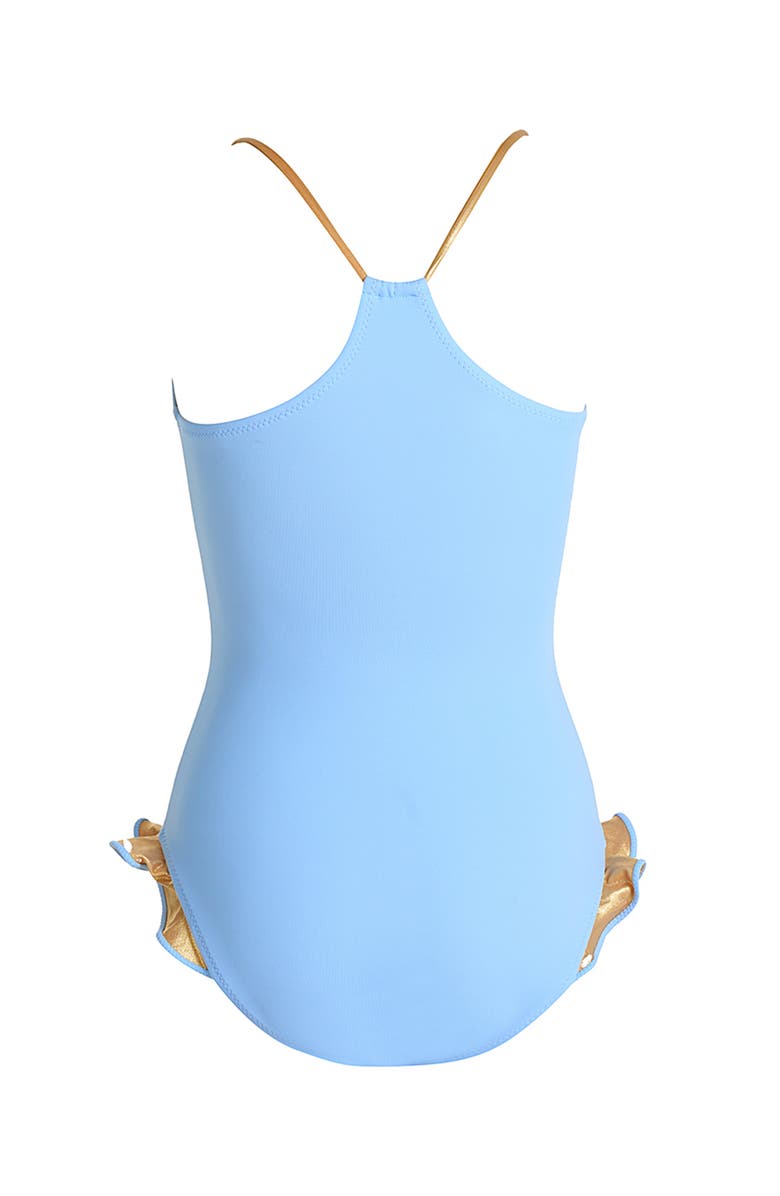 NESSI BYRD Keyhole Neckline with Bronze Tie and Ruffles One-Piece Swimsuit, Alternate, color, Blue