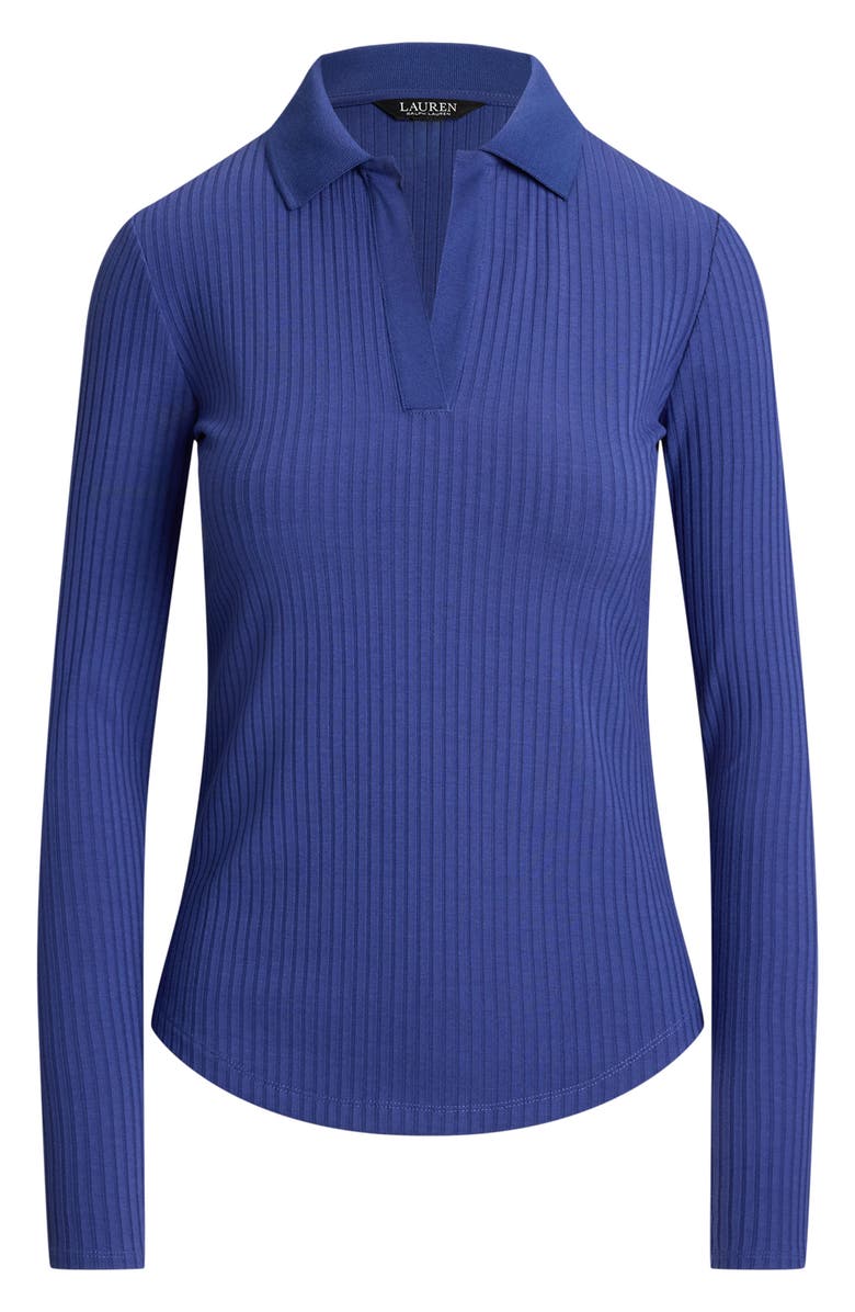 Lauren Ralph Lauren Rib Long Sleeve Polo Top, Alternate, color, Charter Blue