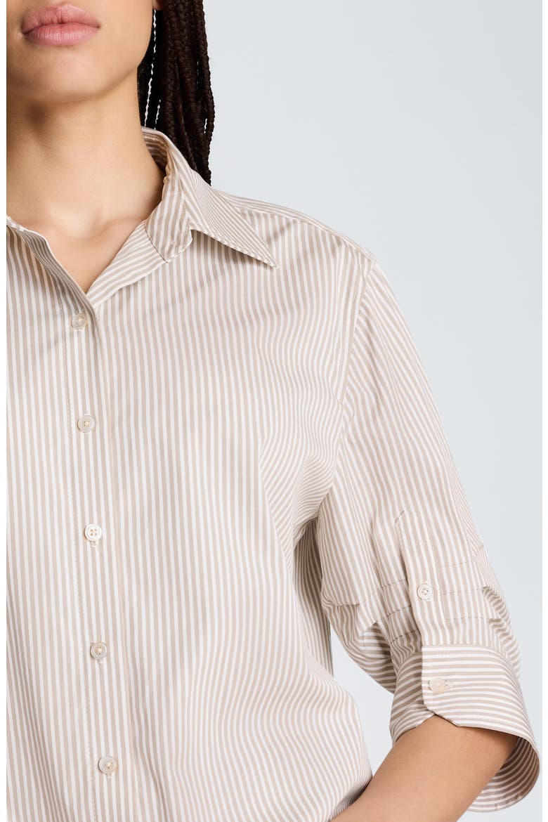 Striped Cropped Shirt with Pleated Three-Quarter Sleeves, Alternate, color, TEA LEAF/ PURE WHITE