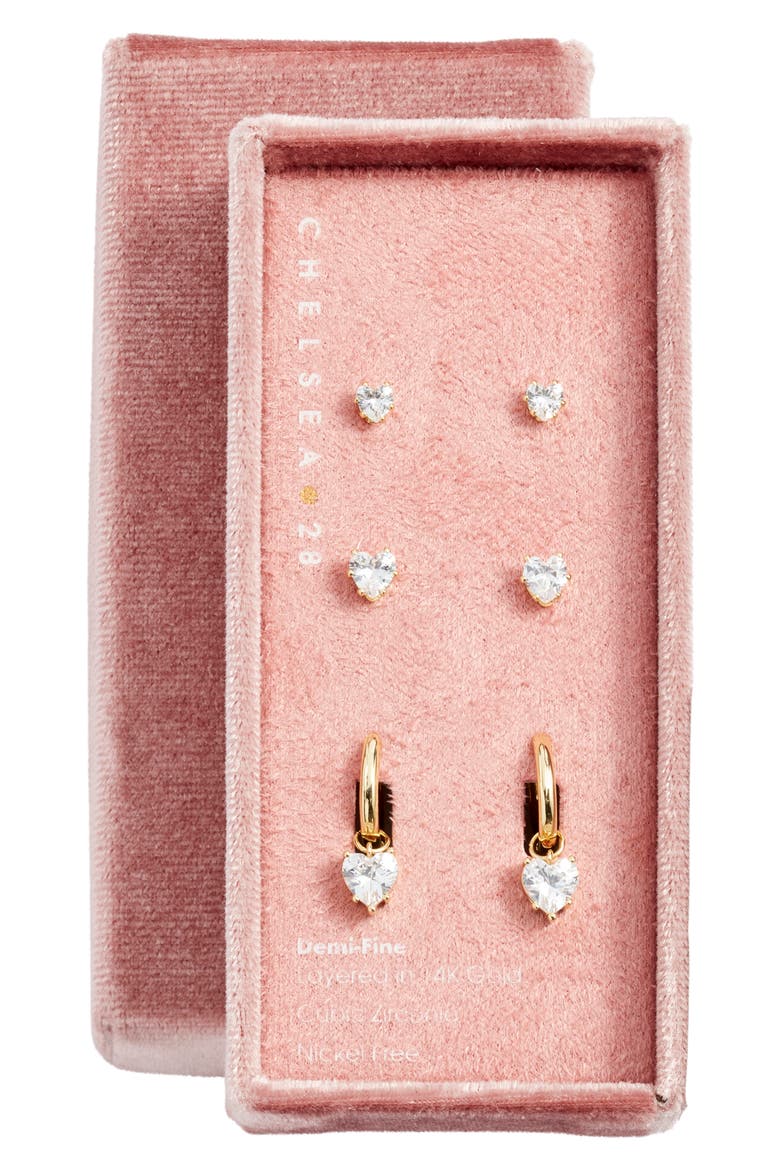 Gift Boxed 3-Pack Cubic Zirconia Earrings, Main, color, CLEAR- GOLD
